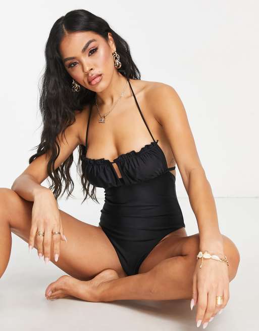 Bañador negro palabra de honor con volantes de ASOS DESIGN , 4 de 4