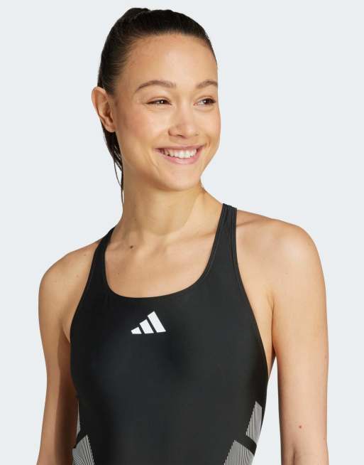 Bañador negro y blanco con espalda en forma de C y logo de adidas Performance, 3 de 4