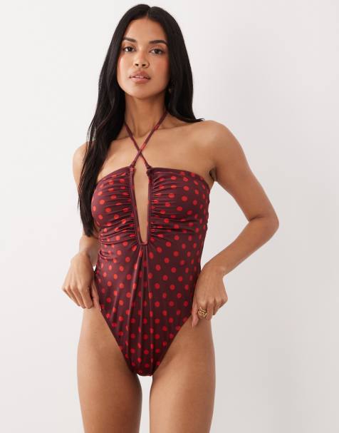 Bañador palabra de honor con aro en forma de "U" pronunciado y estampado de lunares Cherry de ASOS DESIGN - view 1
