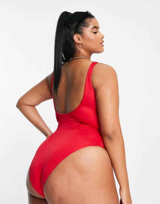 Bañador rojo brillante con cuello ancho de ASOS DESIGN Curve, 2 de 4