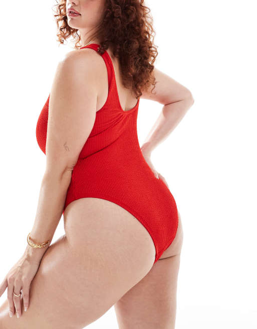Bañador rojo de tejido efecto rugoso de South Beach Curve, 3 de 4
