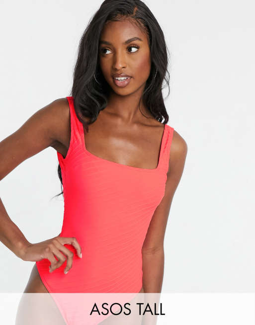 Bañador rojo fluorescente difuminado de canalé marcado con escote cuadrado de ASOS DESIGN Tall