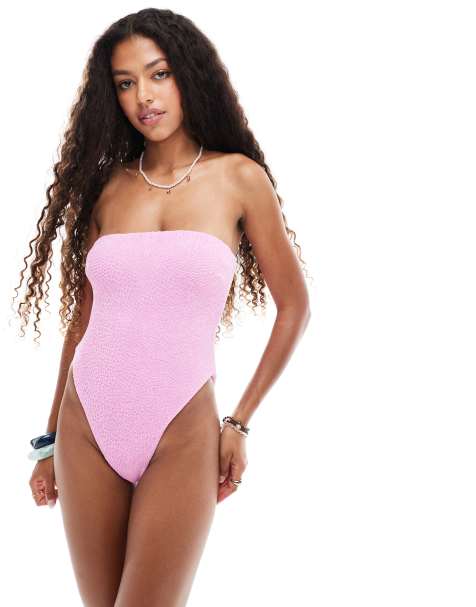 Bañador rosa claro con escote palabra de honor y relleno extraíble de tejido texturizado Charlene de ASOS DESIGN - view 1