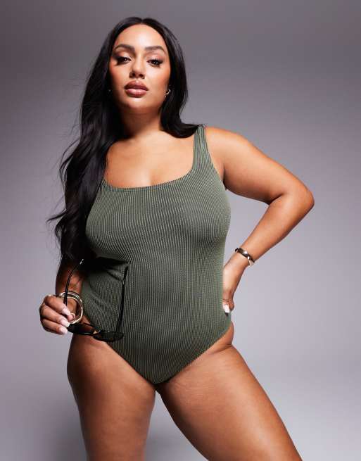 Bañador verde de tejido efecto rugoso de South Beach Curve