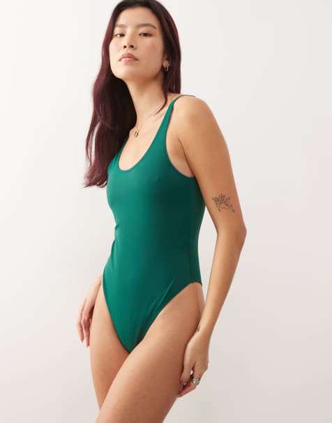 Bañador verde oscuro de pernera alta con espalda escotada exclusivo en ASOS de Weekday - view 1