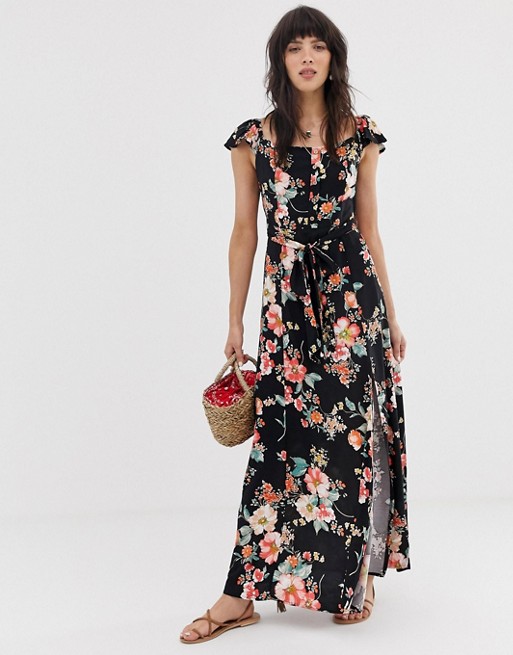 Band of Gypsies button front off shoulder maxi dress in black floral ...