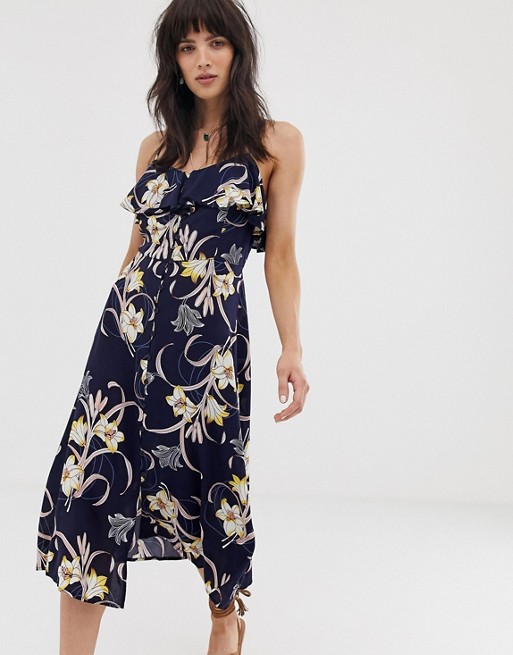 Band of Gypsies ruffle front button down midi dress in navy floral ...