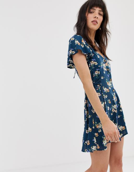 Band of Gypsies - Vestito skater con stampa a fiori blu e allacciatura laterale