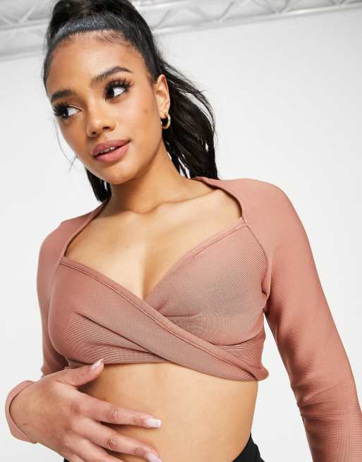 Band Of Stars - Crop top premium fasciante con incrocio sul davanti a maniche lunghe color cuoio 