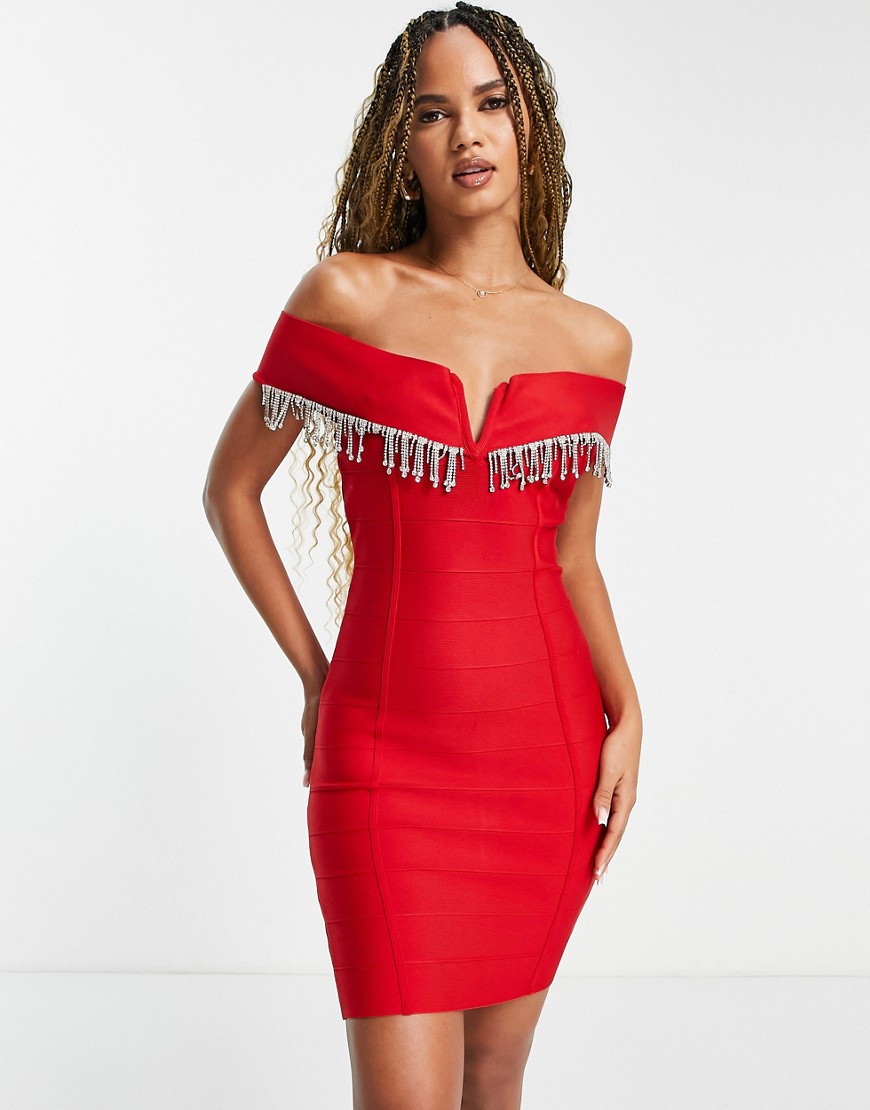Band Of Stars off the shoulder tassel trim detail body-conscious dress in red