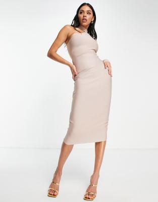 Band of Stars Band Of Stars premium bandage one shoulder long sleeve midi dress in oyster-Pink