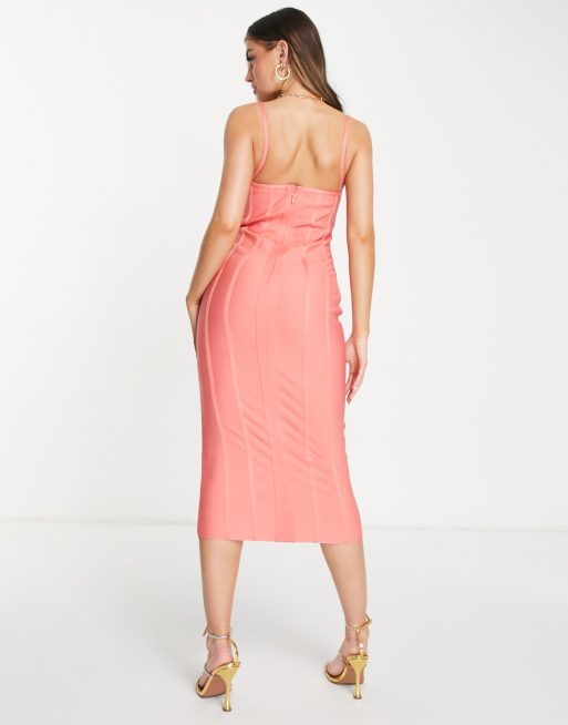 Band Of Stars premium bandage strappy midi dress in coral pink