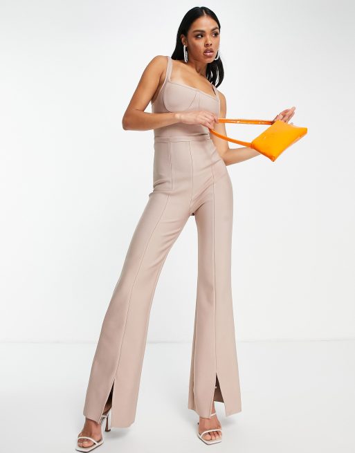 Band Of Stars - Premium - Beige bandage-jumpsuit med firkantet hals og lynlås i ryggen  