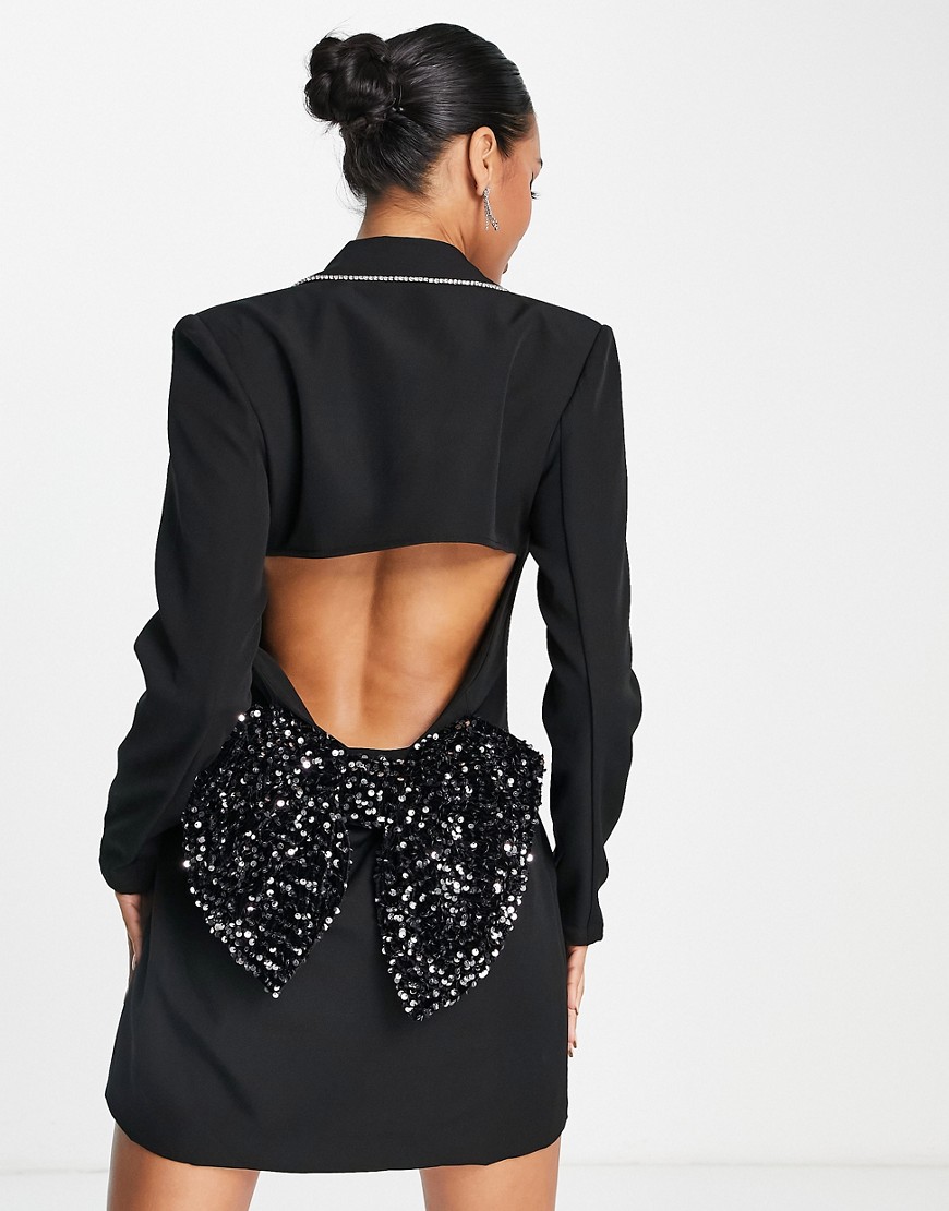 Band Of Stars premium blazer dress with sequin silver bow cut out in black