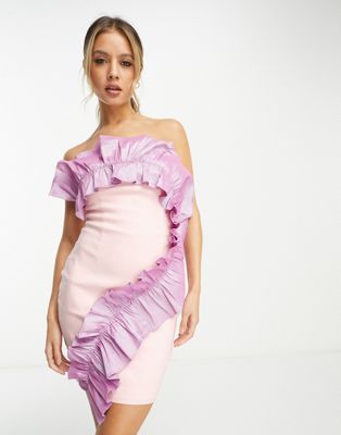 Premium contrast exaggerated ruffle trim mini dress in pink-Multi