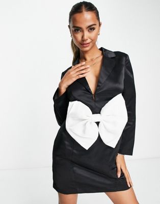 premium contrast organza bow satin mini dress in white and black