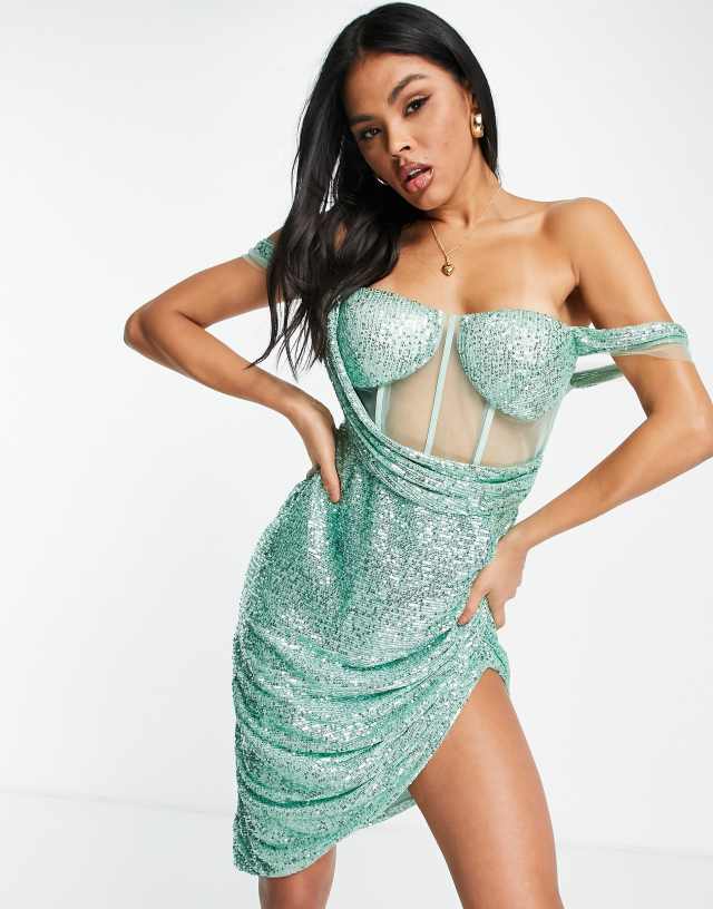 Band Of Stars premium corset off the shoulder mini dress in summer sequin sage