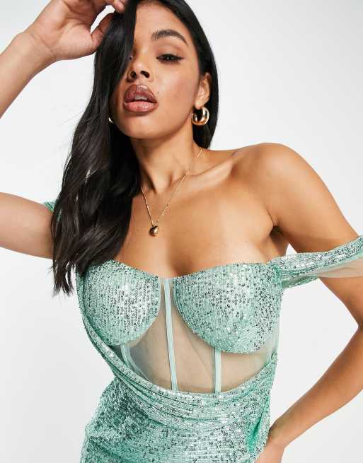 Band Of Stars premium corset off the shoulder mini dress in summer sequin  sage