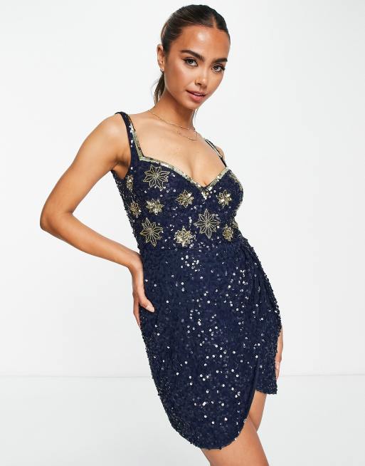 Asos gold and navy best sale sparkle mesh skater dress