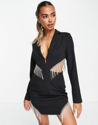 Band Of Stars premium fringed diamante mini blazer dress in black  - ASOS Price Checker