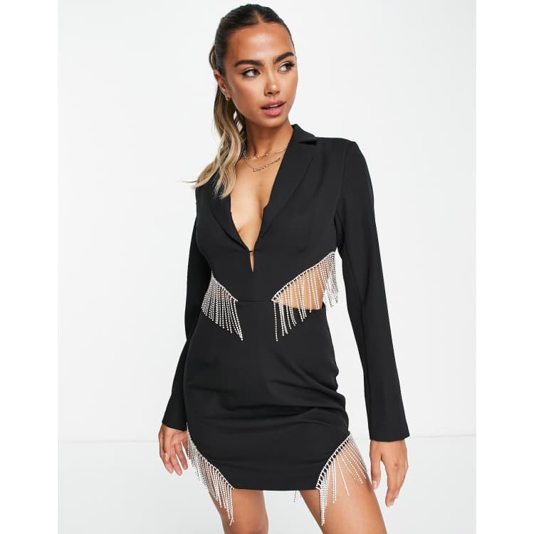 Premium Fringe Trim Bonded Satin Dress