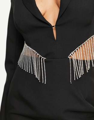 Band Of Stars premium fringed diamante mini blazer dress in black