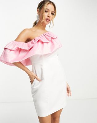 premium one shoulder extreme contrast ruffle detail mini dress in white & pink-Multi