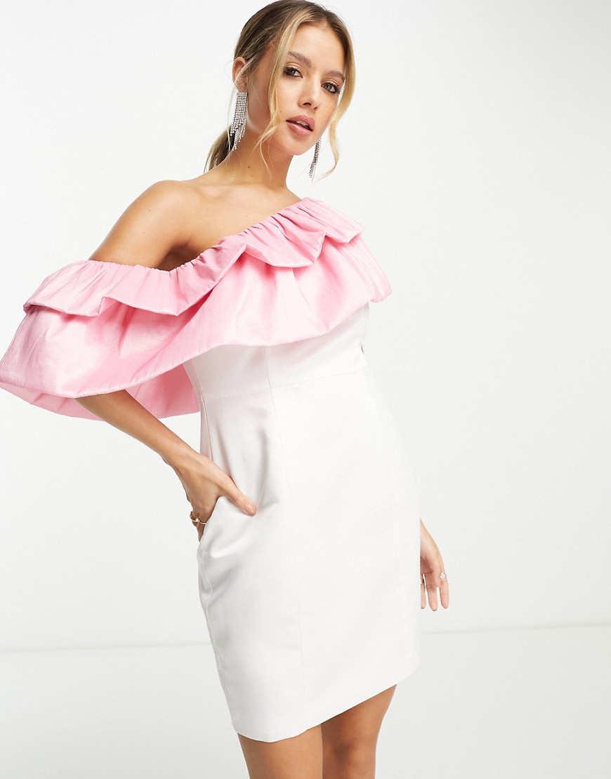 Band Of Stars premium one shoulder extreme contrast ruffle detail mini dress in white & pink-Multi