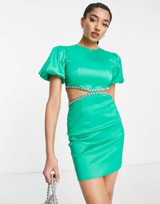 Premium puff sleeve cut-out side embellished detail mini dress in green