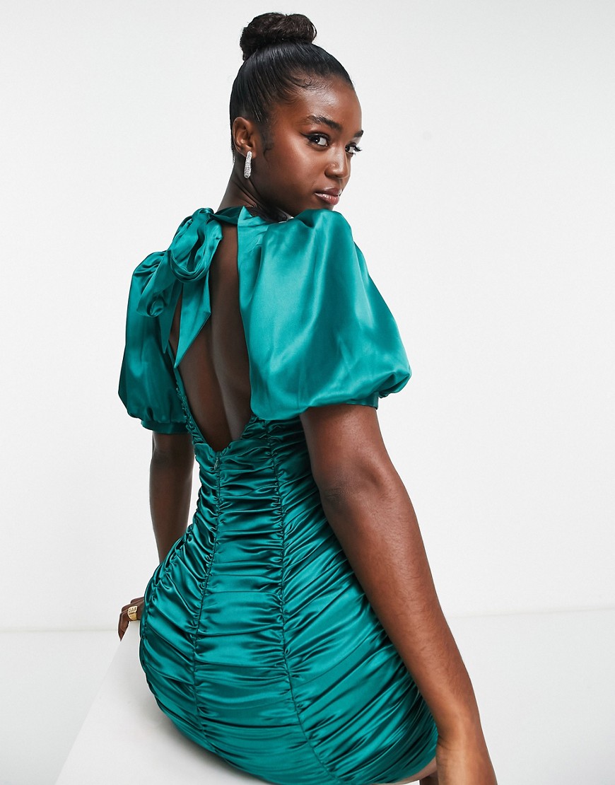Band Of Stars premium satin balloon sleeve with bow back dress in emerald green