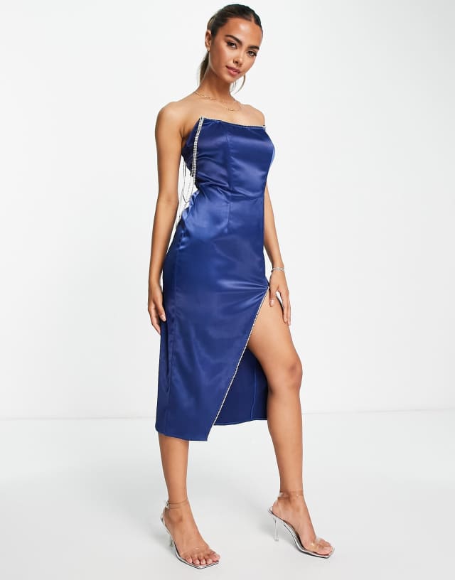 Band Of Stars premium satin diamante trim thigh silt midi dress in navy