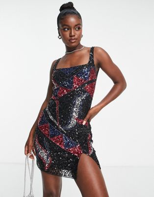 premium sequin placement mini dress with low centre back in black