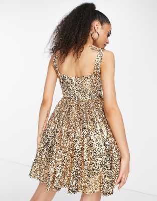 Metallic Sequined Gold Corset With Matching Gold Ruffle Skirt Dress