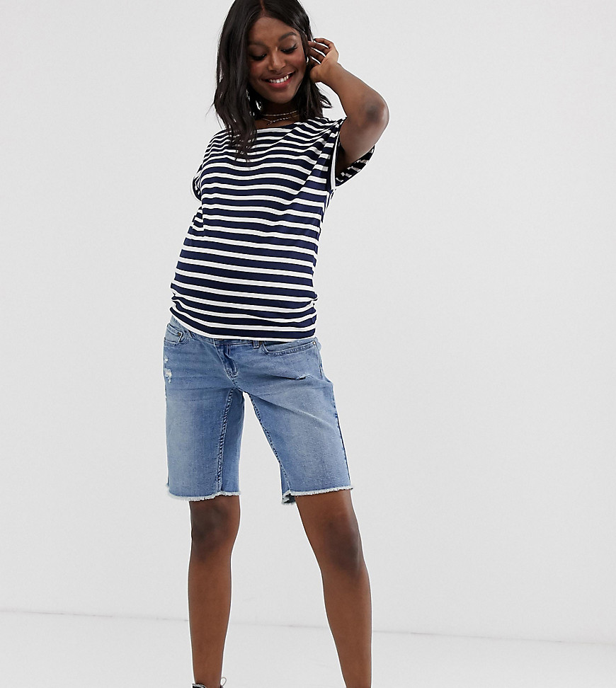 Bandia – Mammakläder – shorts i longline-modell med råskuren fåll och avtagbart band-Blå