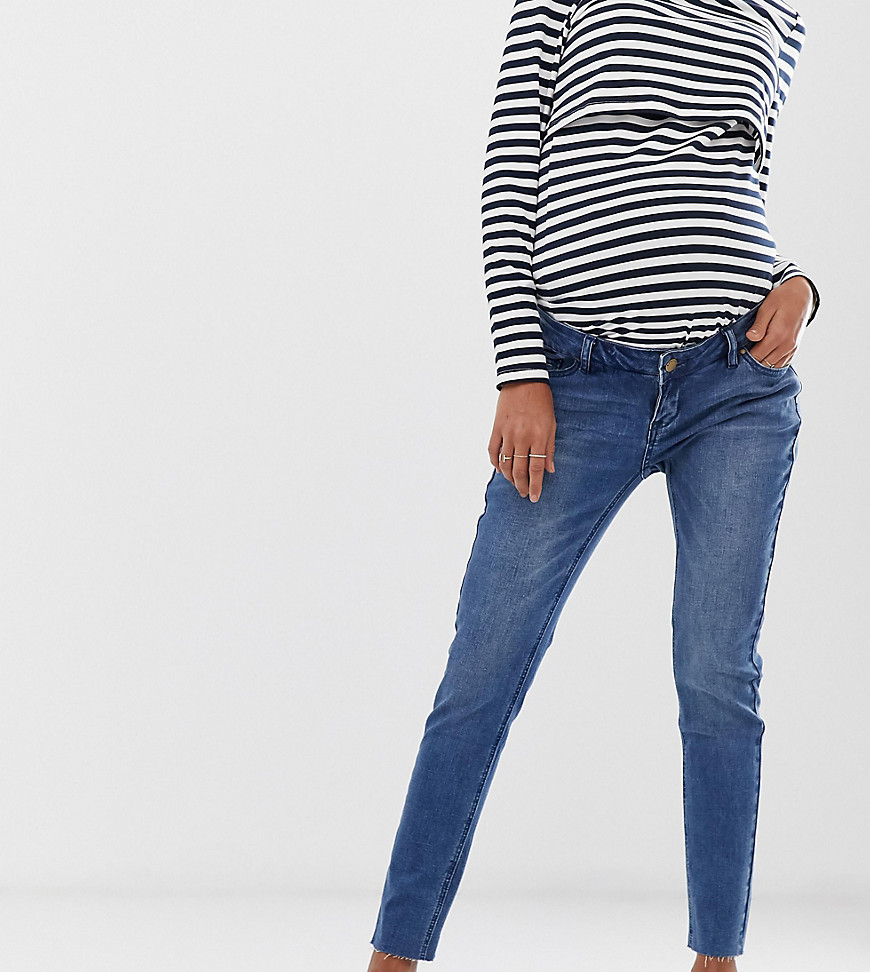 Bandia – Mammakläder – Skinny ankle grazer-jeans som går över magen med råskuren kant och avtagbart magband-Blå