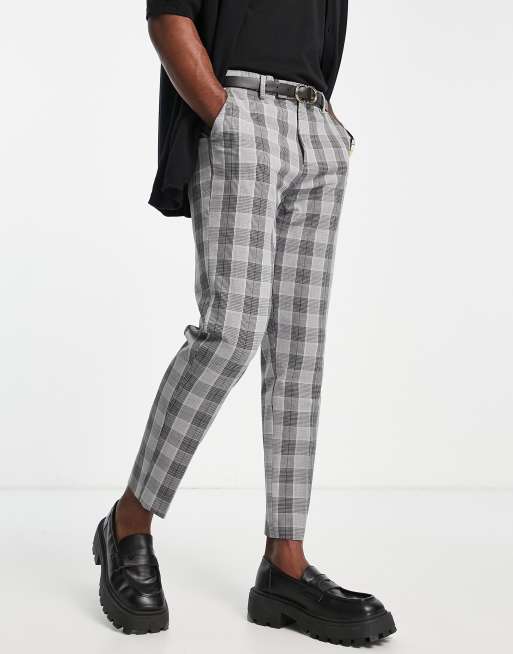 Bando - Geruite slim-fit pantalon in lichtgrijs