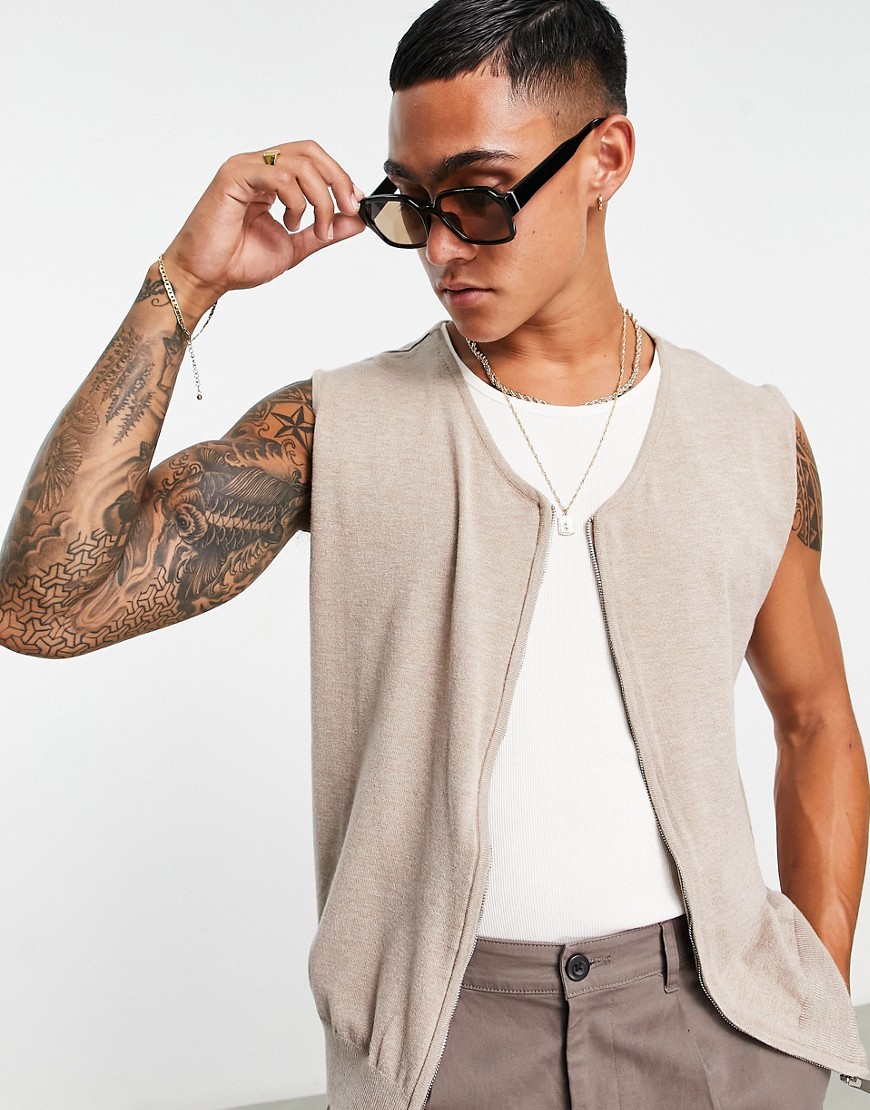 Bando long sleeve button up sleeveless cardigan in brushed wool-Neutral