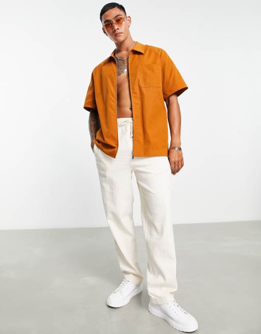 Bando short sleeve zip up shirt in tan ASOS