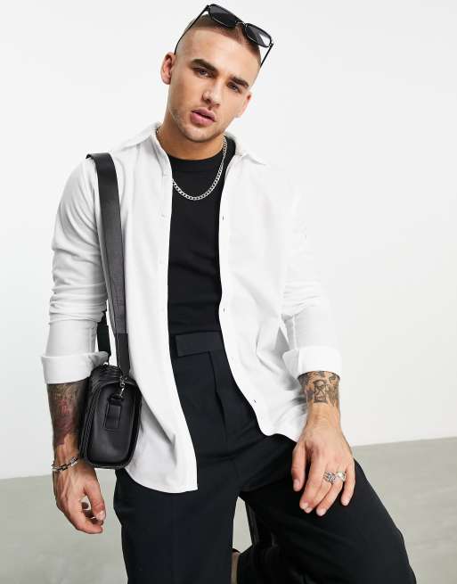 Bando - Slim fit overhemd van jersey piqué met button-down kraag in wit