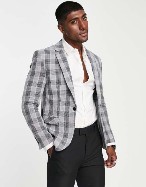 Slim Fit Checkered Grey Suit Blazer