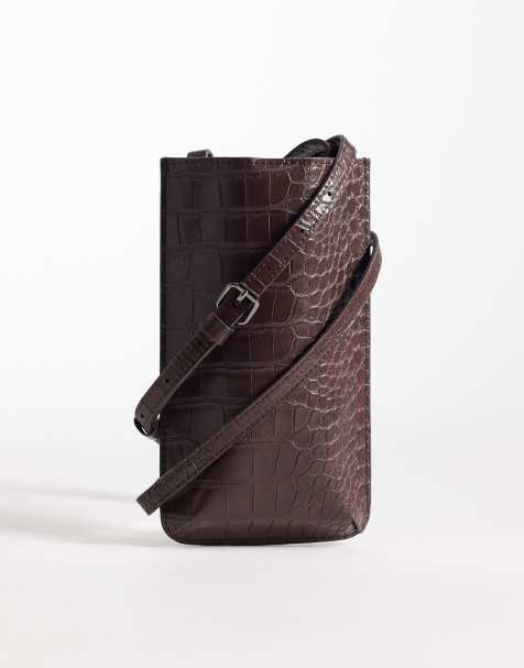 Bandolera marrón de cuero efecto piel de cocodrilo de ASOS DESIGN - view 1