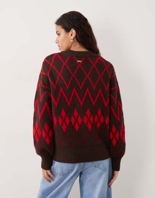 Barbour Adina fairisle knitted jumper in brown/red, 4 of 4