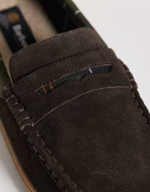 Barbour Albert suede tartan slippers in dark brown, 3 of 4