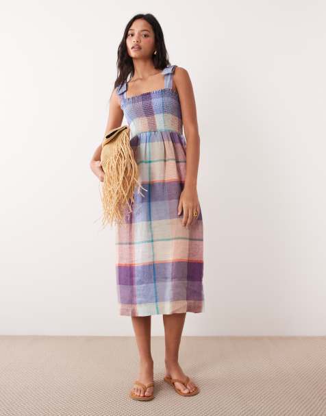 Barbour Amelie linen shirred tartan frill midi dress in multi
