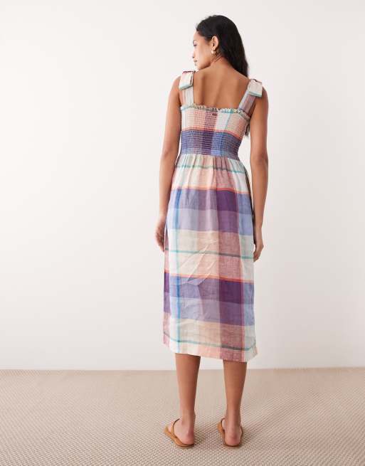 Barbour Amelie linen shirred tartan frill midi dress in multi, 3 of 4