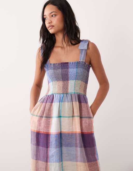 Barbour Amelie linen shirred tartan frill midi dress in multi | ASOS