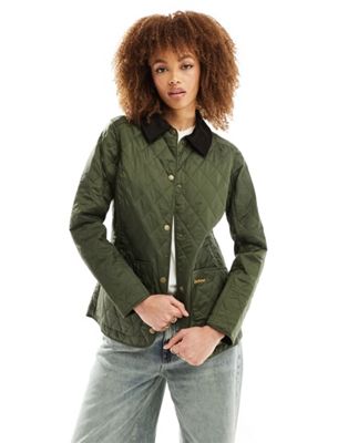 Barbour Annandale diamond quilt jacket with cord collar in olive