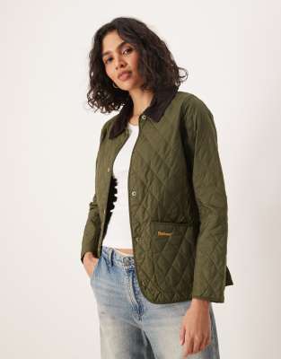 Barbour Annandale diamond quilt jacket with cord collar in olive-Green