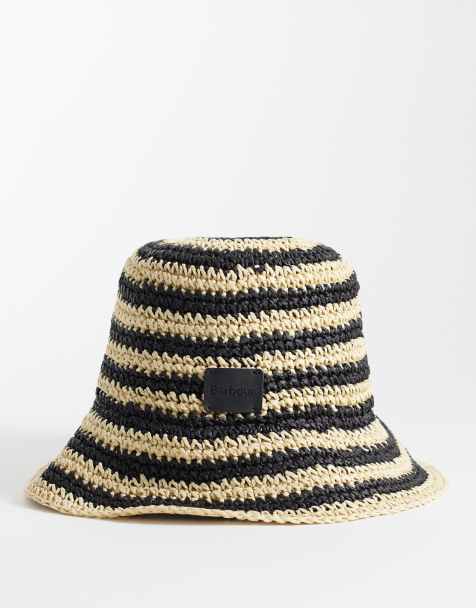 Barbour Annie crochet logo bucket hat in black and ecru stripe