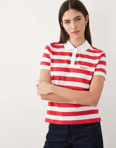 Barbour Ashbourne rib knit logo polo top in red and white stripe - view 1